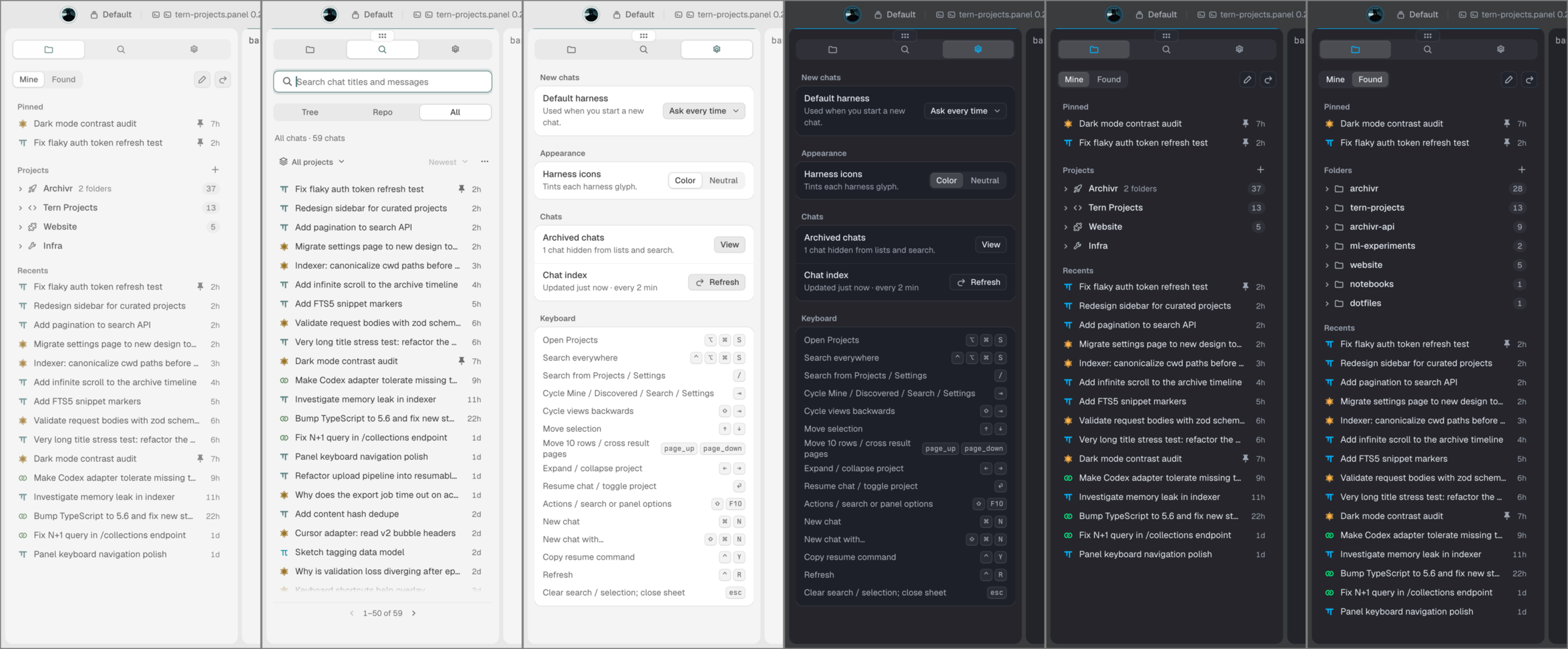 tern-projects sidebar overview in Tern terminal across projects, search, settings, and themes